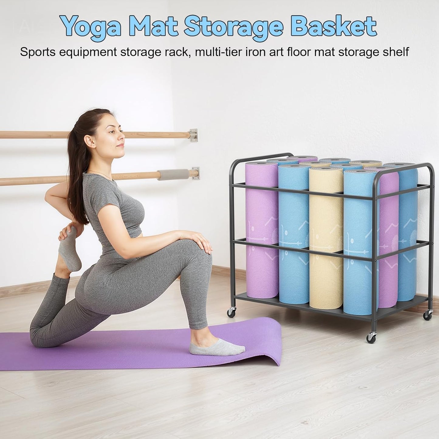 Yoga Mat Storage Rack Holder with Wheels, Home Gym Workout Equipment Exercise Mat Storage Cart, Exercise & Fitness Organizer for Dumbbell, Kettlebells, Yoga Blocks, Foam Roller Black