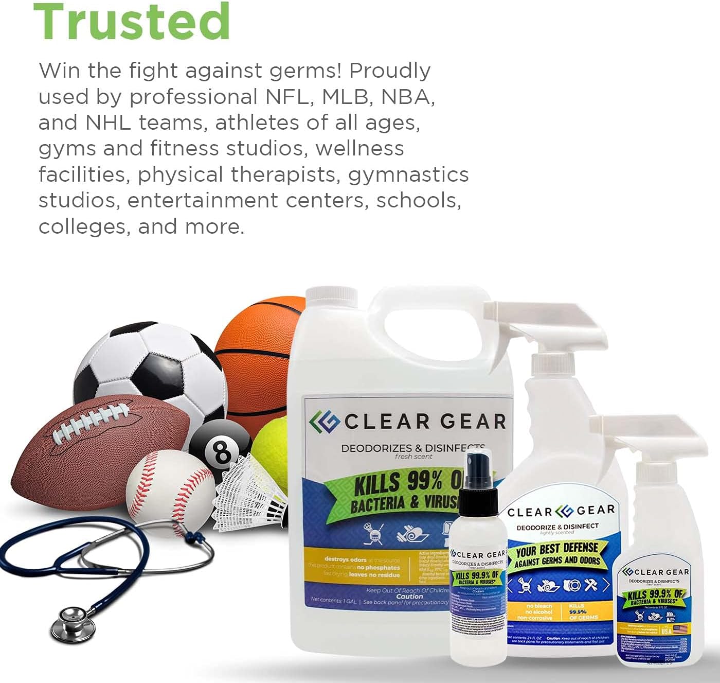 Clear Gear Gym Disinfectant, Yoga Mat Cleaner, Deodorizer For Sports Equipment, Gyms, and Fitness Centers - Mixed Pack - 16 Oz and 32 Oz Bottle Hospital grade Disinfectant Spray Pack