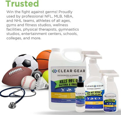 Clear Gear Gym Disinfectant, Yoga Mat Cleaner, Deodorizer For Sports Equipment, Gyms, and Fitness Centers - Mixed Pack - 16 Oz and 32 Oz Bottle Hospital grade Disinfectant Spray Pack