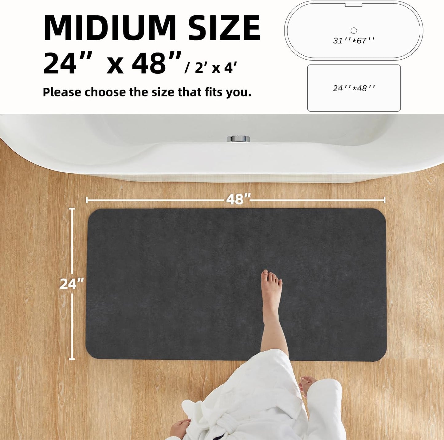 TYUU Bath Mat, Bathroom Rugs Non Slip Washable Thin Absorbent Quick Dry Bath Mat Fits Under Door Bathroom Floor Mat Perfect for Bath, Shower, or Sink 24"x36" Dark Grey