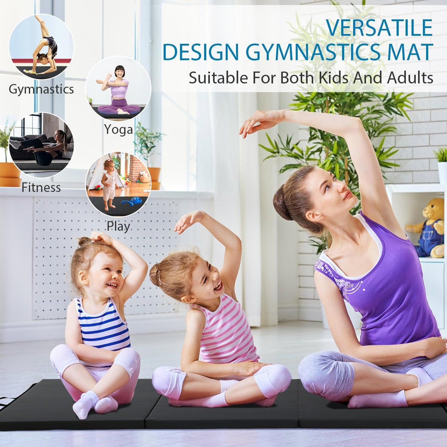 Gymnastics Mat for Tumbling, Folding Tumbling Mat Exercise Mat Gym Mat Tumbling Mats for Kids, Adults, PU Leather Yoga Mat with Carrying Handles