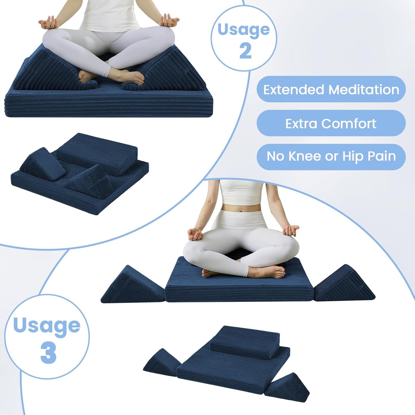 Meditation Cushion Set, Meditation Pillow for Sitting on Floor, Large Yoga Pillow with Knee Support, Washable Zafu Meditation Mat, 3 Shapes Floor Pillow for Adults, Dark Grey