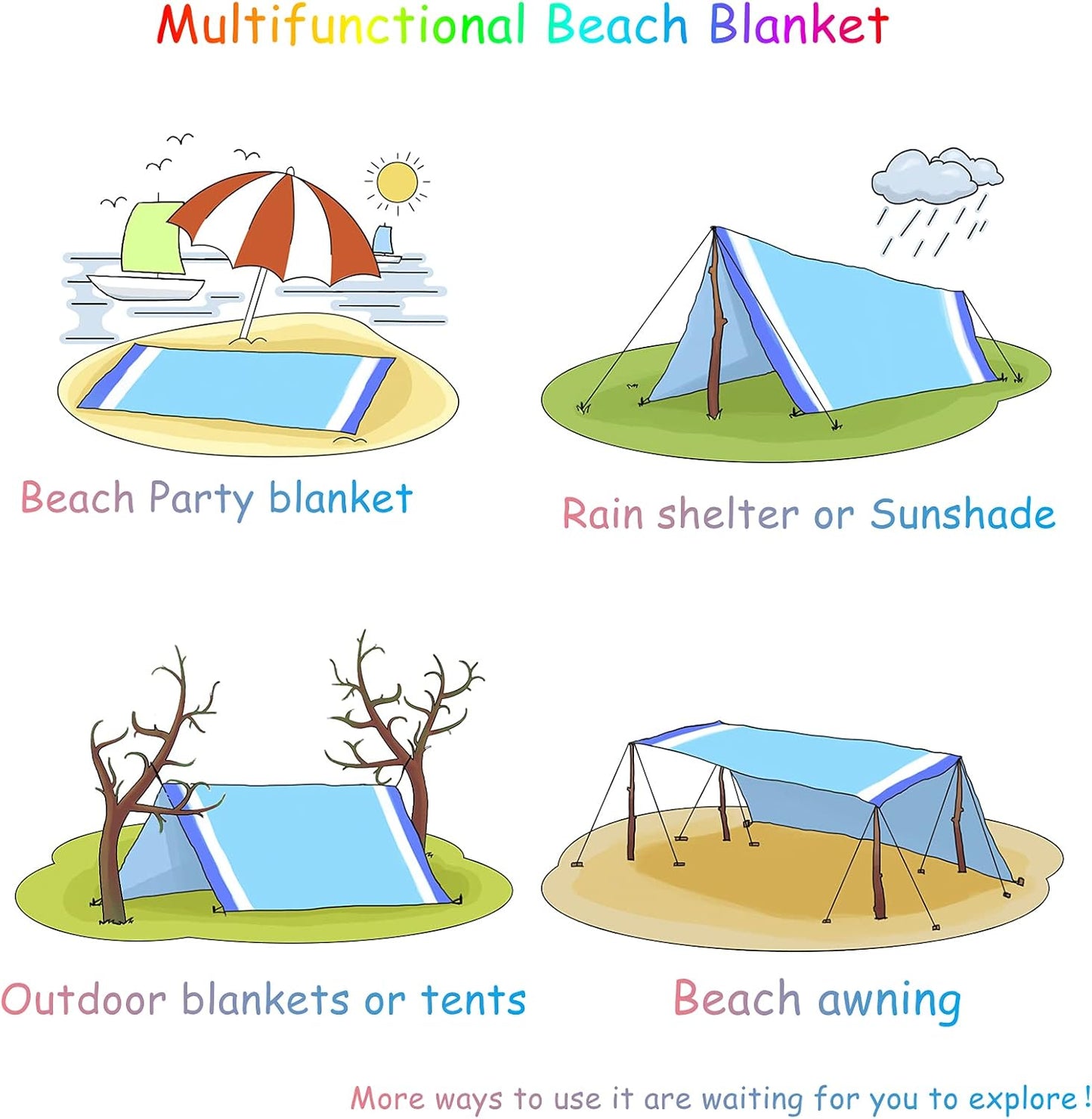 BYDOLL Beach Blanket Waterproof Sandproof Large Sand Free,78''X81''/10'X9' Oversized Sandless Lightweight Blanket Picnic Mat for Beach Travel Camping Hiking with Stakes