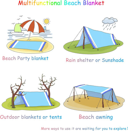 BYDOLL Beach Blanket Waterproof Sandproof Large Sand Free,78''X81''/10'X9' Oversized Sandless Lightweight Blanket Picnic Mat for Beach Travel Camping Hiking with Stakes