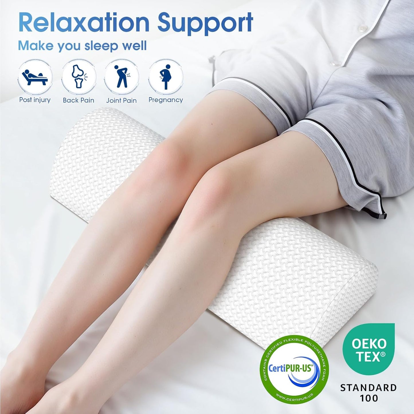 TranquilRelax Knee Pillow for Back Sleeping Memory Foam Half Moon Bolster Pillow for Legs, Under Knee Support, Ankle & Foot Comfort Orthopedic Pillow for Side Sleepers (Grey, 20.4" x 8" x 4.9")