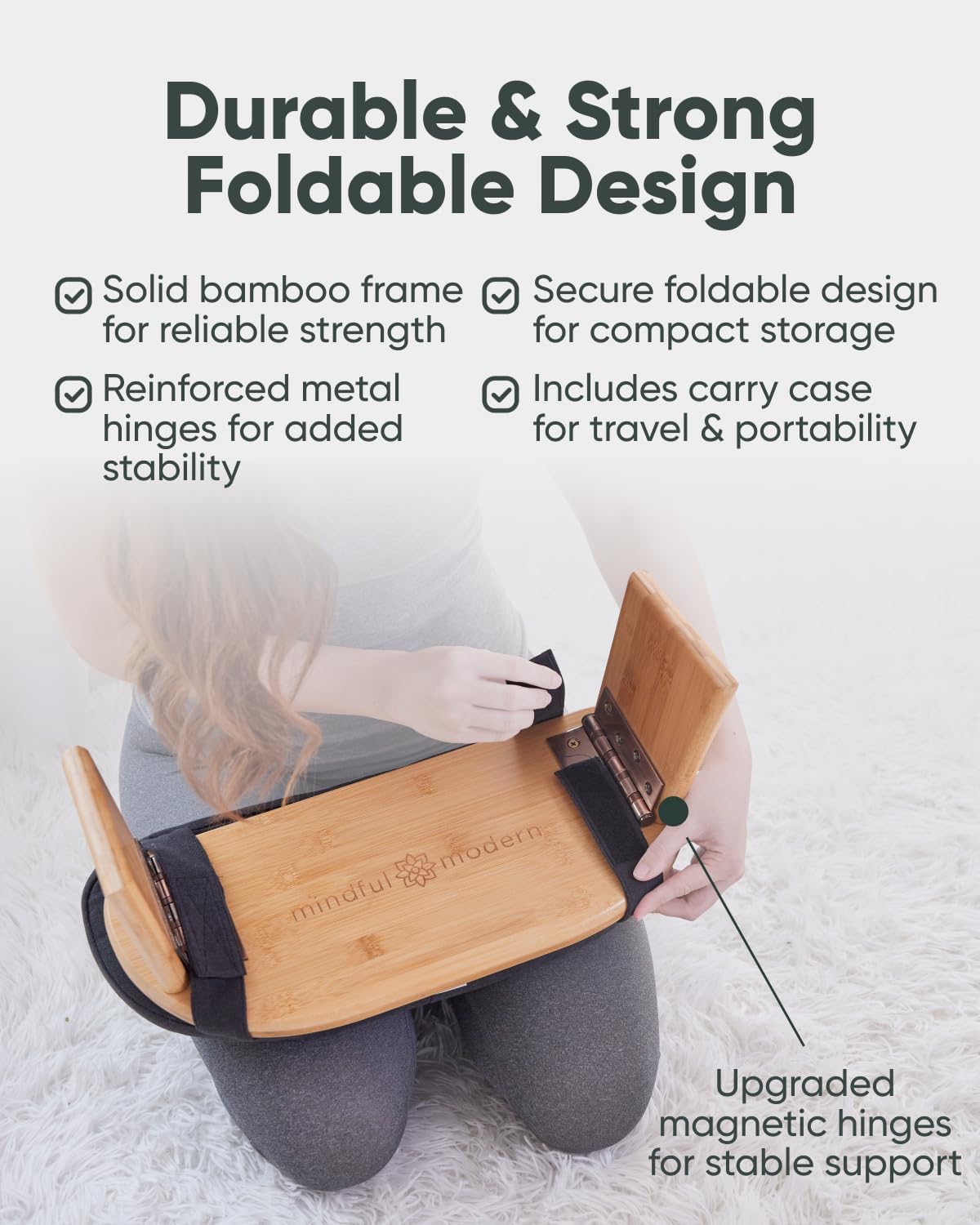 Mindful Modern Folding Meditation Bench - Bamboo Kneeling Stool with Locking Magnetic Hinges - Portable Cross Legged Folding Seiza Chair w/Travel Bag