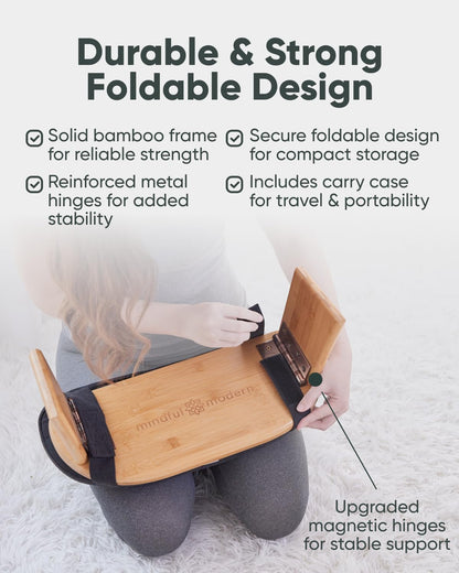 Mindful Modern Folding Meditation Bench - Bamboo Kneeling Stool with Locking Magnetic Hinges - Portable Cross Legged Folding Seiza Chair w/Travel Bag