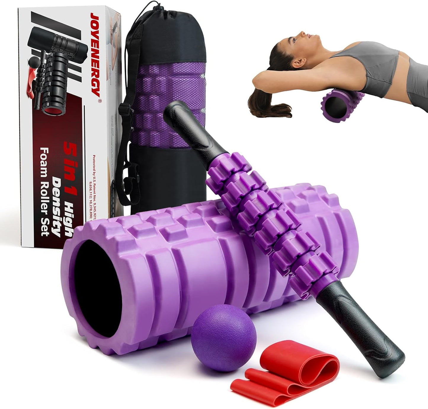 JOYENERGY 5 in 1 Foam Roller Set High Density Foam Roller Patented, Massage Stick, Massage Ball, Resistance Band for Deep Muscle Massage Pilates Yoga, Fitness for Trigger Point Release