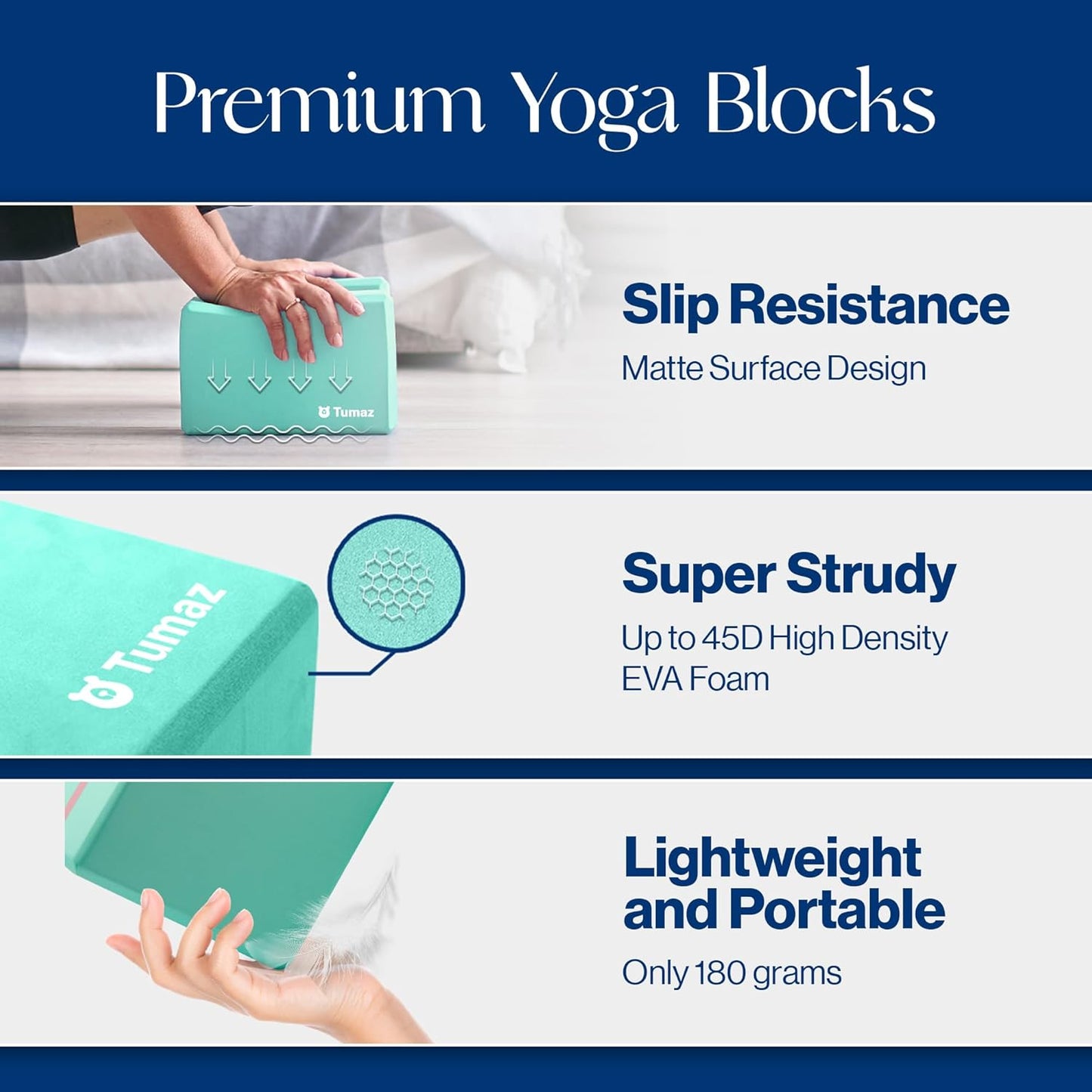 Tumaz Non-Slip Yoga Blocks 2-Pack - High Density/Lightweight EVA Foam & Natural Cork for Stability, Premium Set with E-Book Included