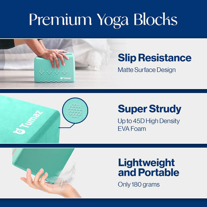 Tumaz Non-Slip Yoga Blocks 2-Pack - High Density/Lightweight EVA Foam & Natural Cork for Stability, Premium Set with E-Book Included