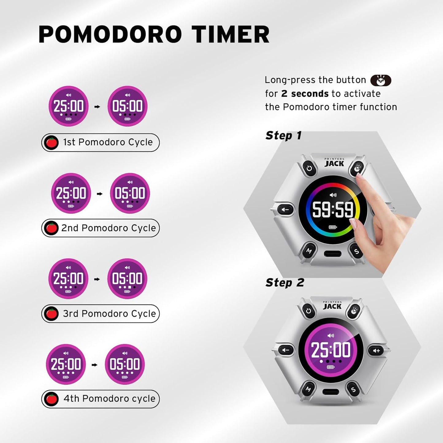 Jack Pomodoro Timer - Productivity Cube, Visual Focus Timer, Mute & Vibration & Adjustable Sound Alert, for Office, ADHD, Study, Work, 3/5/10/25/30/60min & Custom Countdown - Black