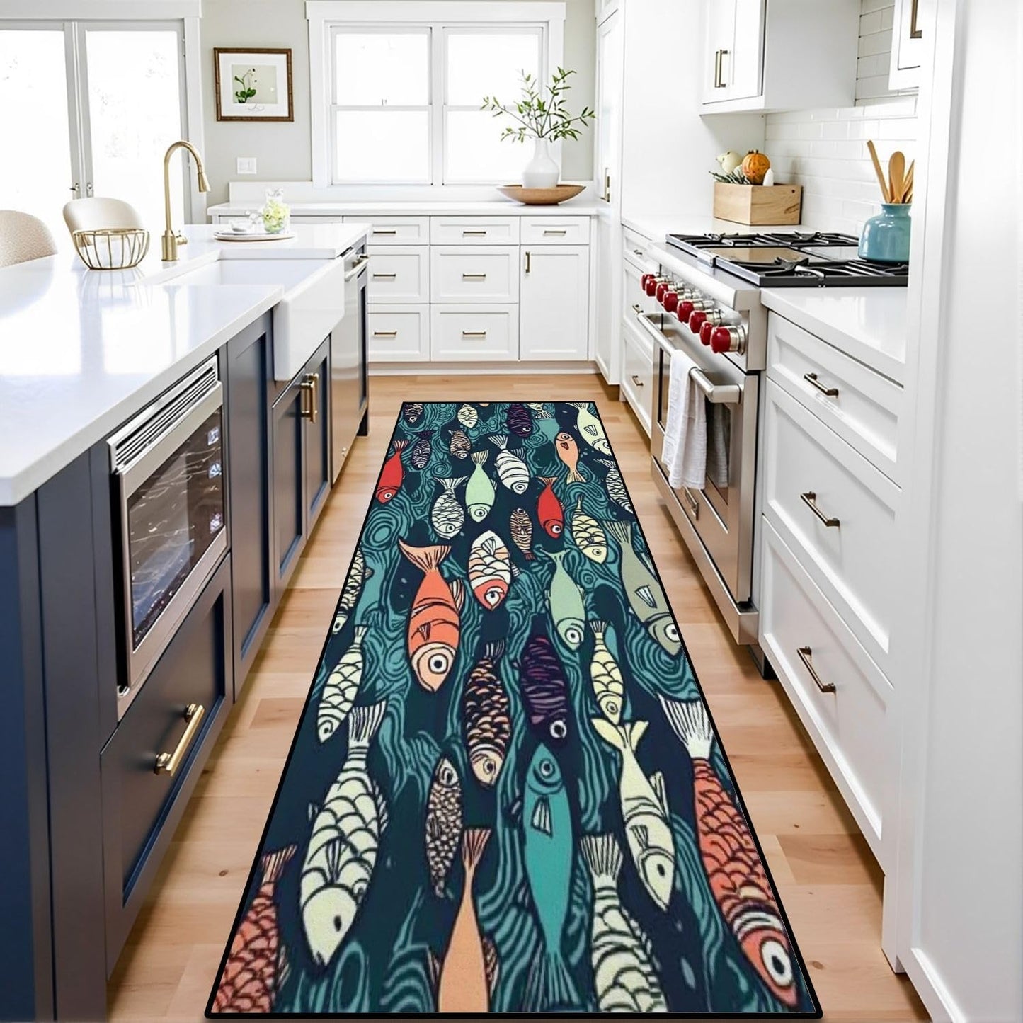 Runner Rug Washable 2x6 Seamless Pattern Fish Swimming Against Current Against Crowd Non-Slip Hallway Area Rug Indoor Outdoor Home Decor for Entryway Bathroom Kitchen Carpet Yoga Floor Mat