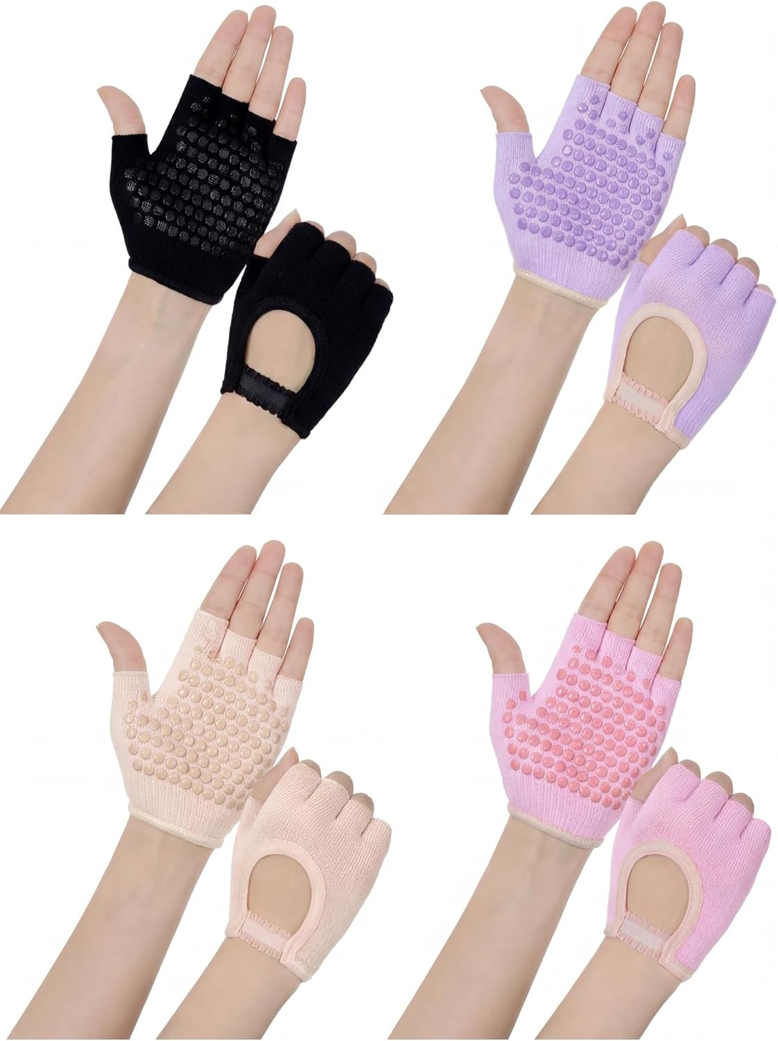 Fourluoo 4 Pairs Pilates Gloves with Grips for Women Non Slip Cotton Fingerless Silicone Yoga Gloves for Gym Exercise Workout Weight Training Mitten Fits Women Men