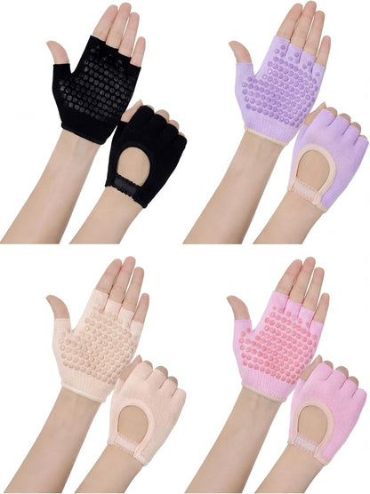 Fourluoo 4 Pairs Pilates Gloves with Grips for Women Non Slip Cotton Fingerless Silicone Yoga Gloves for Gym Exercise Workout Weight Training Mitten Fits Women Men