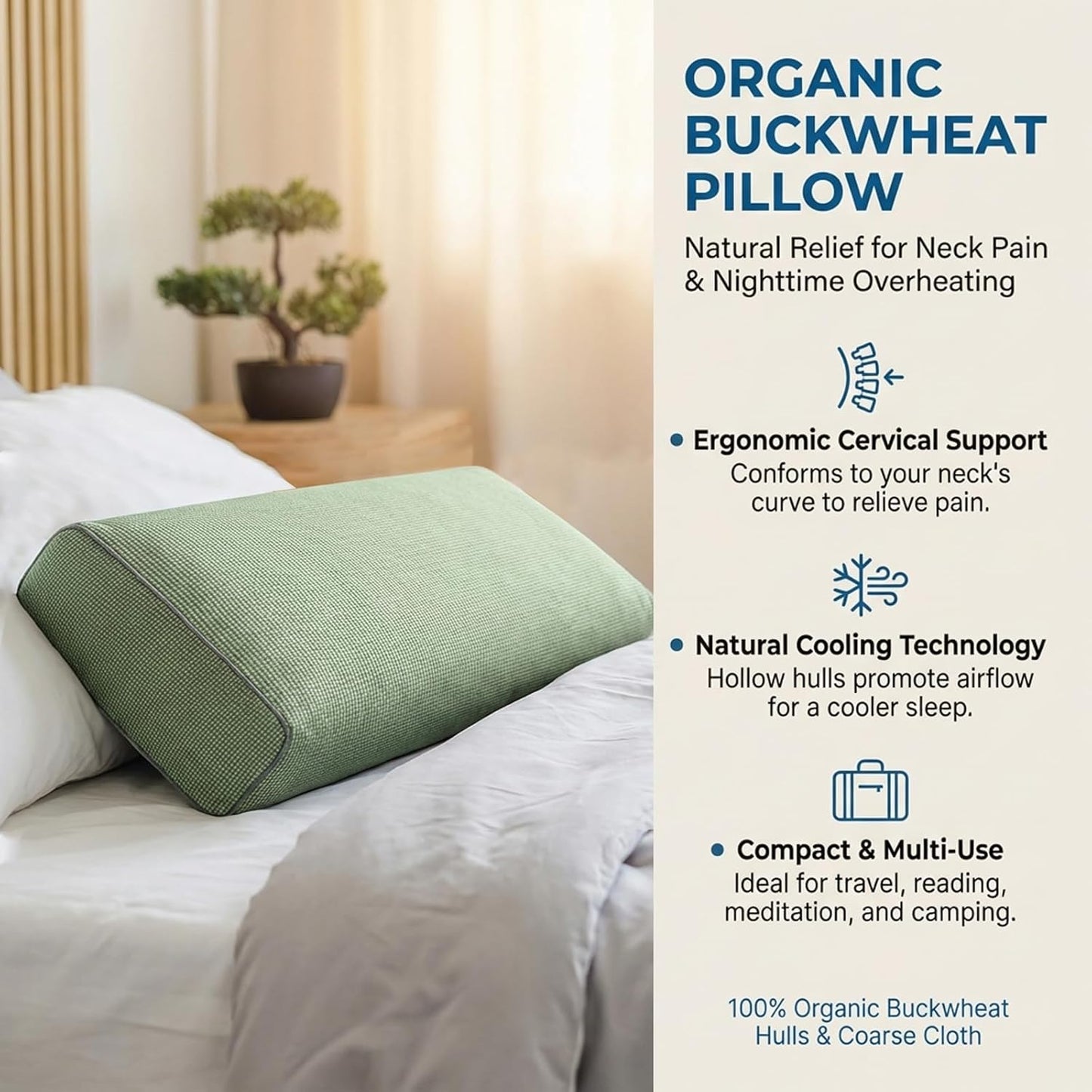 Adjustable Buckwheat Hull Pillow for Neck Pain Relief (21x8x4in) Natural Cooling Cervical Support Organic Pillow for Side & Back Sleepers with Night Sweats (Grey)