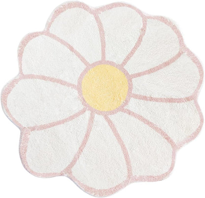 White Flower Shaped Rug, Cute Round Indoor Rug, 39.4" Diameter, High Pile Faux Wool, Non-Slip Backing