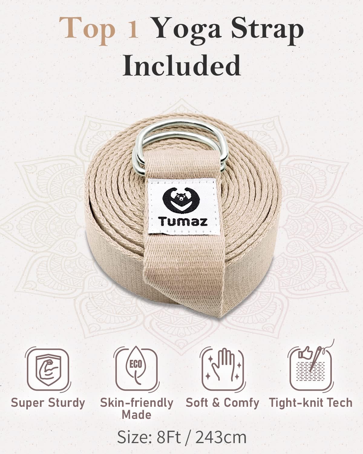 Tumaz Yoga Bolster Set - Rectangular Bolster Pillow for Restorative Yoga, Soft Meditation Pillow with Carry Handle and 8-Feet Strap, Machine Washable Cover