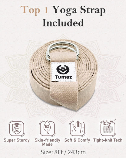 Tumaz Yoga Bolster Set - Rectangular Bolster Pillow for Restorative Yoga, Soft Meditation Pillow with Carry Handle and 8-Feet Strap, Machine Washable Cover