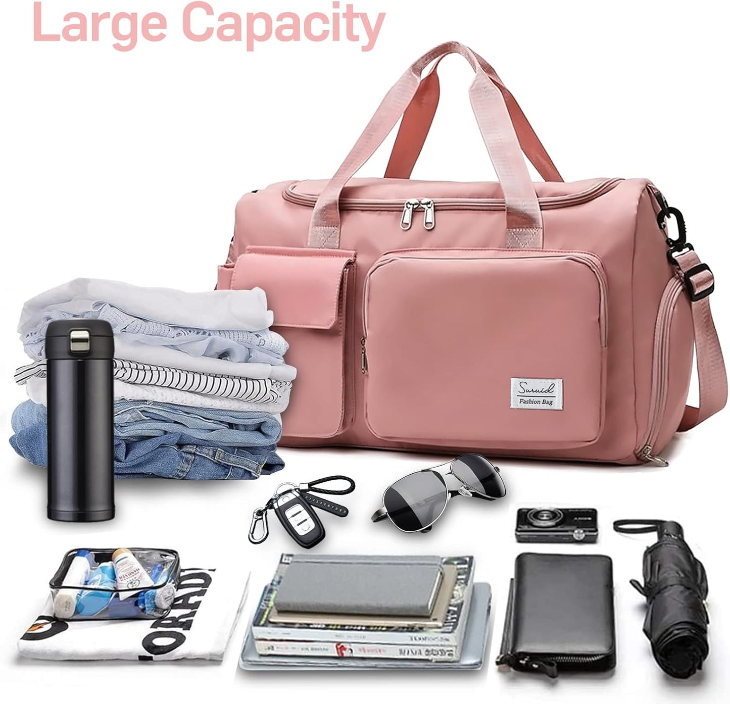 Suruid Travel Yoga Duffel Bag with Shoes Compartment Sports Gym Handbag with Dry Wet Separated Pocket for Training Men and Women, Overnight /Weekender Bag - Pink