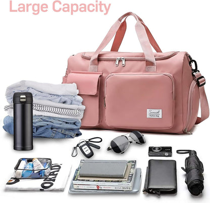 Suruid Travel Yoga Duffel Bag with Shoes Compartment Sports Gym Handbag with Dry Wet Separated Pocket for Training Men and Women, Overnight /Weekender Bag - Pink
