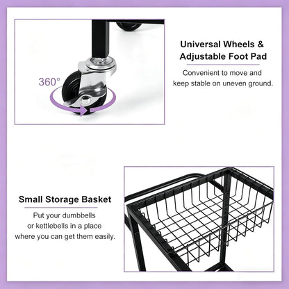 Workout Equipment Storage Rack Metal Yoga Mat Storage Rack, Weight Cart Home Gym Storage Rack with Wheels for Dumbbells, Yoga Mats, Kettlebells, Foam Rollers