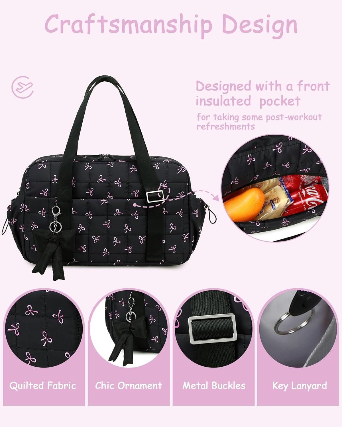 CAMTOP Mini Gym Bag for Women, Small Gym Tote Bag Puffy Quilted Sports Duffel Bag with Wet Compartment and Coin Purse Duffel Bags Dance Yoga Workout Bag for Gifts (All Black, Mini-12.6")