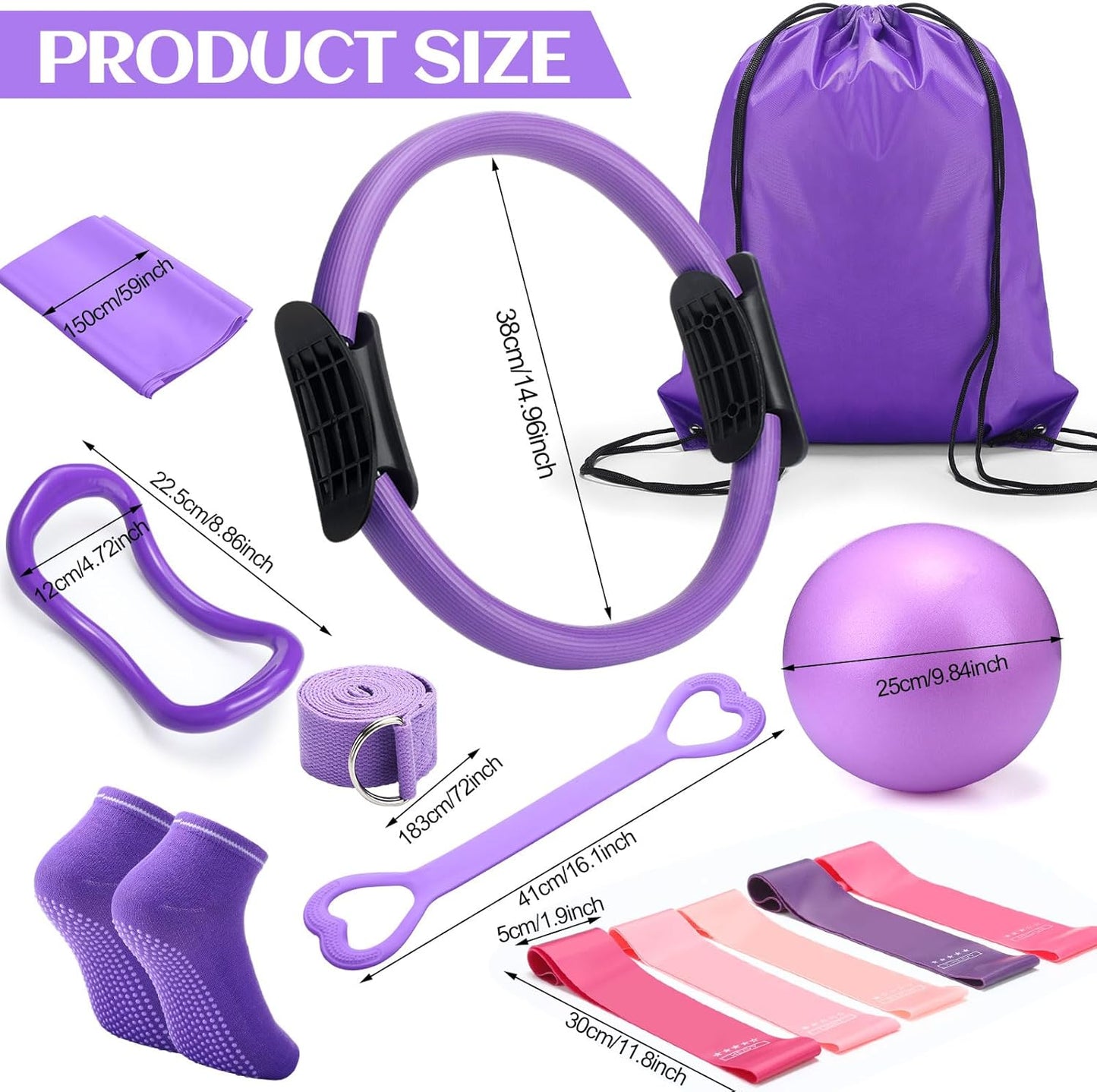 RoundFunny Pilates Ring Circle Set 18 Pcs Exercise Equipment Accessories for Women Workouts Pilates Ball Stretching Strap Magic Circle Yoga Ring Gym Back Bag Resistance Band Anti Slip Socks