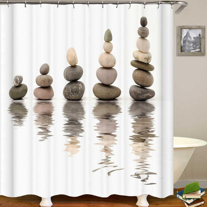 4PCS Spa Zen Shower Curtain Sets with Rugs, White Shower Curtain, Pink Floral Orchid Lotus Water Lily Stone Bamboo Water Reflection Yoga Massage Relaxing Spiritual Meditation Bathroom Decor