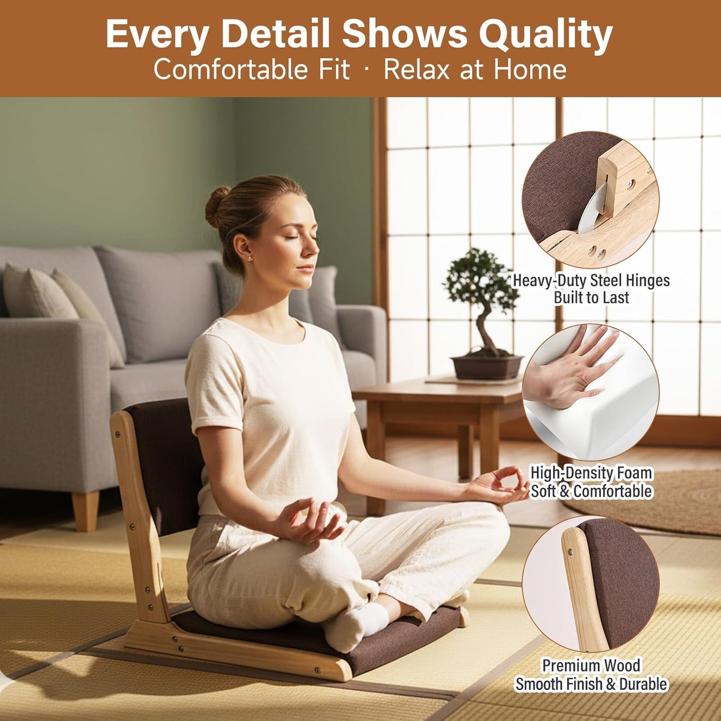 Tiita 2Pcs Floor Games Chair, Foldable Meditation Tatami Chairs, Backrest Chair with Cushion, Living Room Chair Seat, Wood Grey