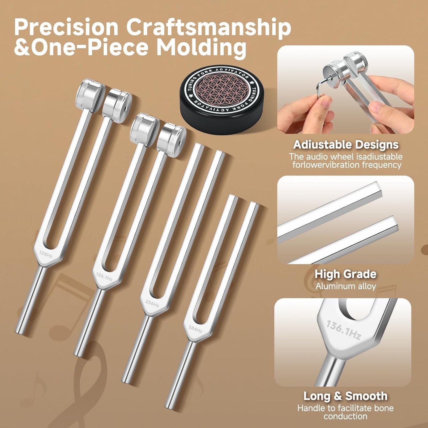 Tuning Forks for Healing Set, 128Hz, 136.1Hz, 256Hz, 384Hz & Activator, Reflex Hammer, Medical Grade Sound Healing Instruments–Pure Frequencies Tuning Forks for Stress Relief/Chakra/Sound Therapy/Yoga