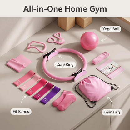 13/15Pcs Pilates Kit for Women, Pilates Equipment for Home Workouts with Magic Circle, Ball, Resistance Bands, Pilates Starter Set for Strength, Toning and Flexibility