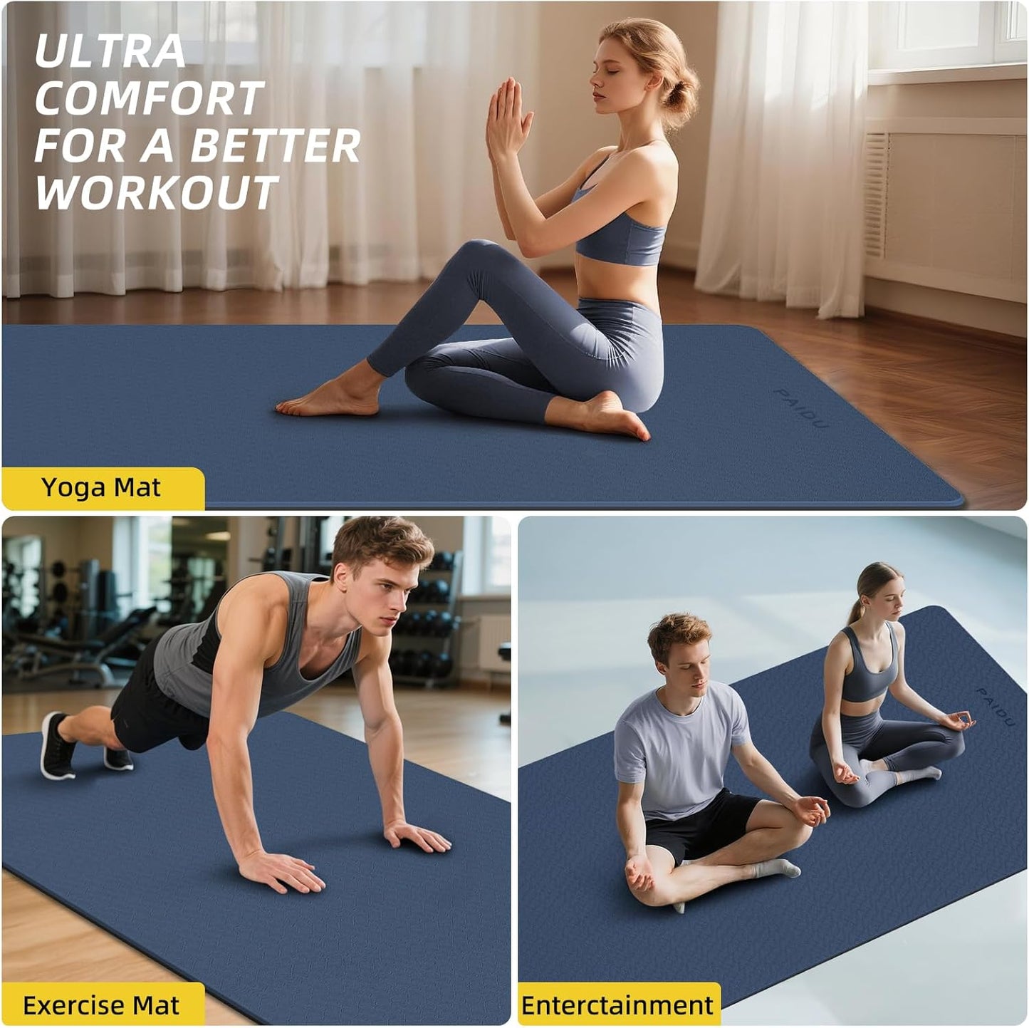 PAIDU Extra Long Wide Yoga Mat 76"x33"x2/5 Inch - Non Slip Thick Exercise Mat for Home Gym, Yoga, Pilates & Workouts