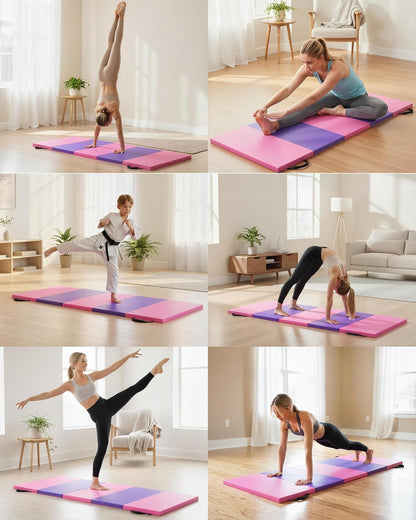 Folding Gymnastics Mat, 6x2 Ft(Four-fold) / 6.2x2.6 Ft(Five-fold)-Thick Portable Exercise and Tumbling Pad for Home Gym/Pilates/Aerobics and Martial Arts Training