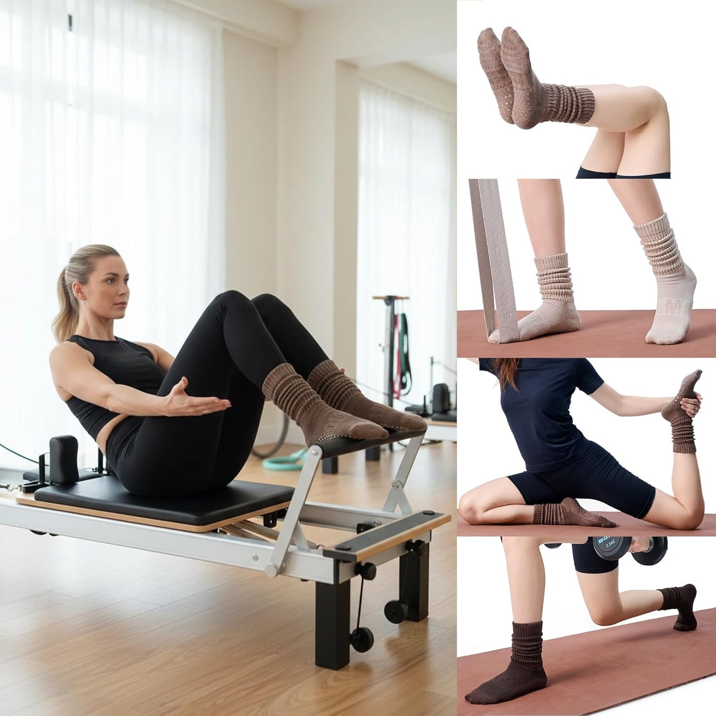 COOLMATE Pilates Socks with Grips for Women, Yoga Socks, Crew Non Slip Women for Barre, Pilates Gifts for Women - Colors B