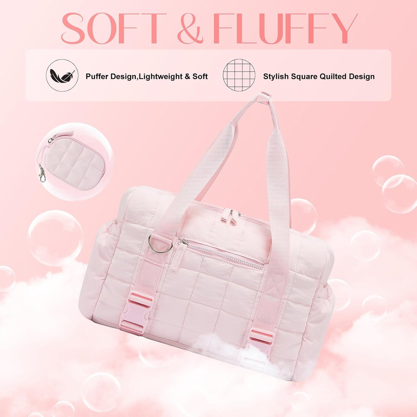 Small Gym Bag for Women, Puffy Sports Duffel Bag with Yoga Mat Holder, Gym Tote Bag with Wet Pocket & Coin Wallet, Carry on Bag for Workout Dance Pilates Ballet Swimming Travel