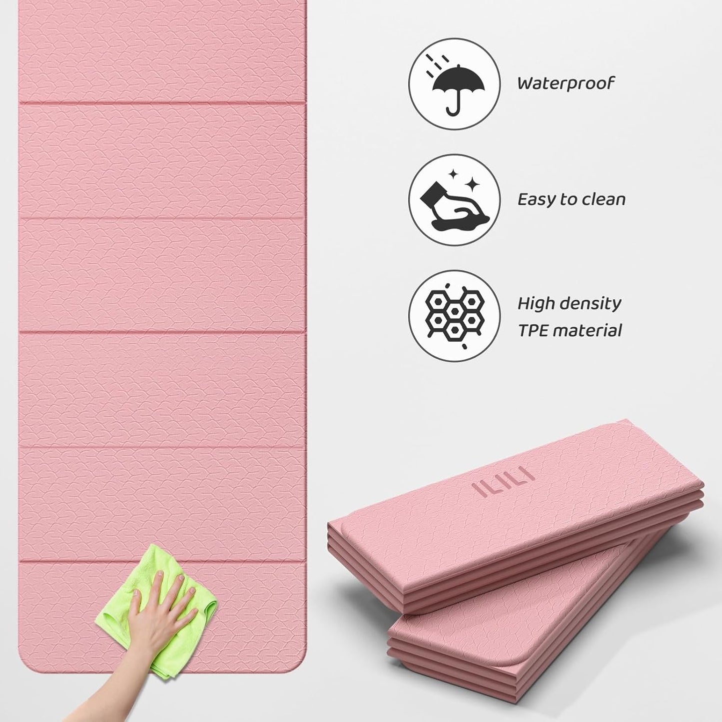 ILILI Foldable Yoga Mat 71 * 24 * 0.3'' - TPE Non-Slip Fitness Mat for Home，Waterproof & Lightweight (2lb) for Home Gym, Pilates & Stretching,Fitness Workouts