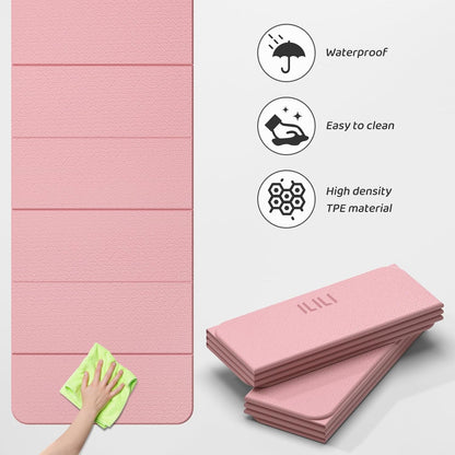 ILILI Foldable Yoga Mat 71 * 24 * 0.3'' - TPE Non-Slip Fitness Mat for Home，Waterproof & Lightweight (2lb) for Home Gym, Pilates & Stretching,Fitness Workouts