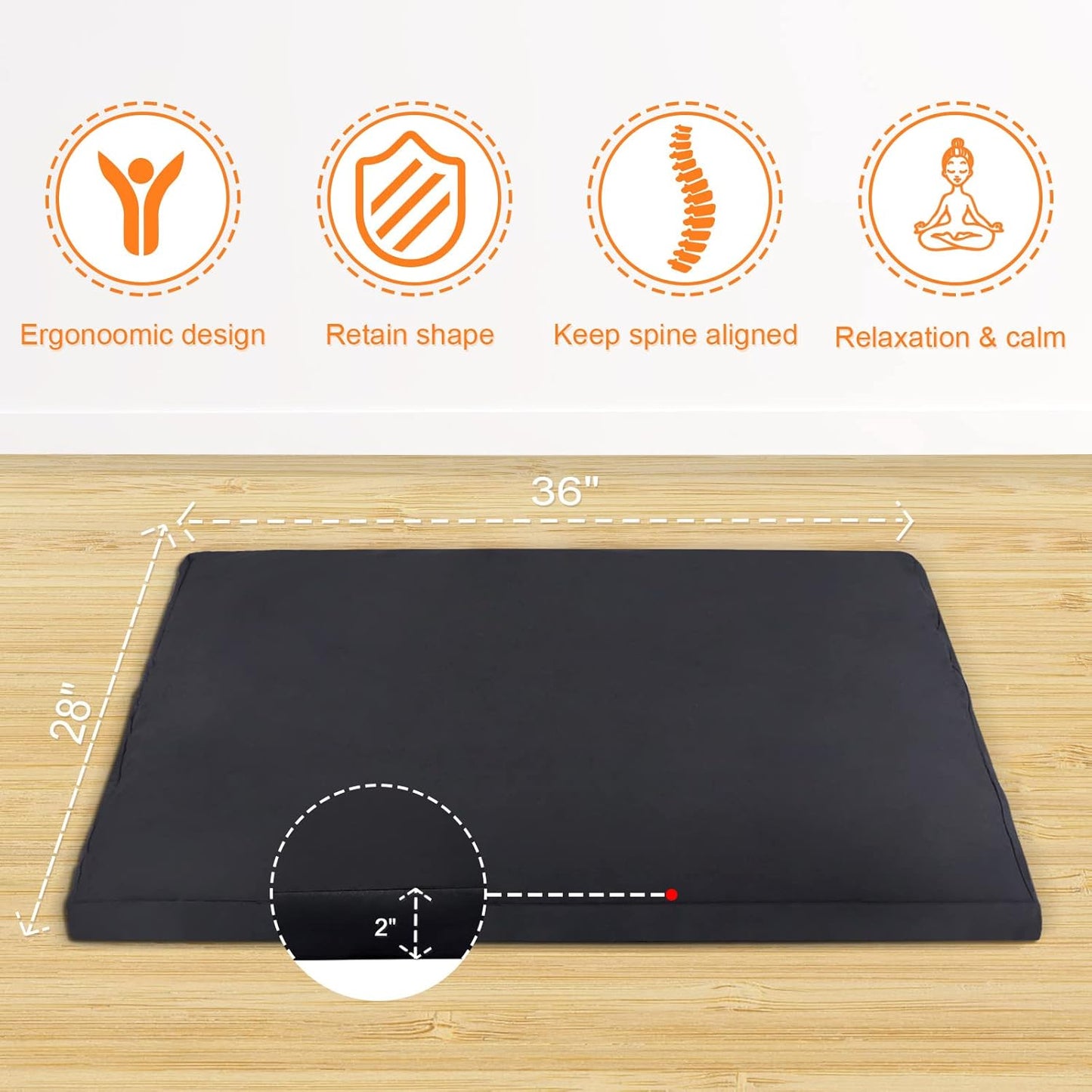 Zabuton Meditation Mat (36"×28"×2") Luxurious Meditation Cushion for Kneeling Sitting Large Floor Pillow Zafu/Bench-Washable Cotton Cover 100% Organic Cotton Filling (White)