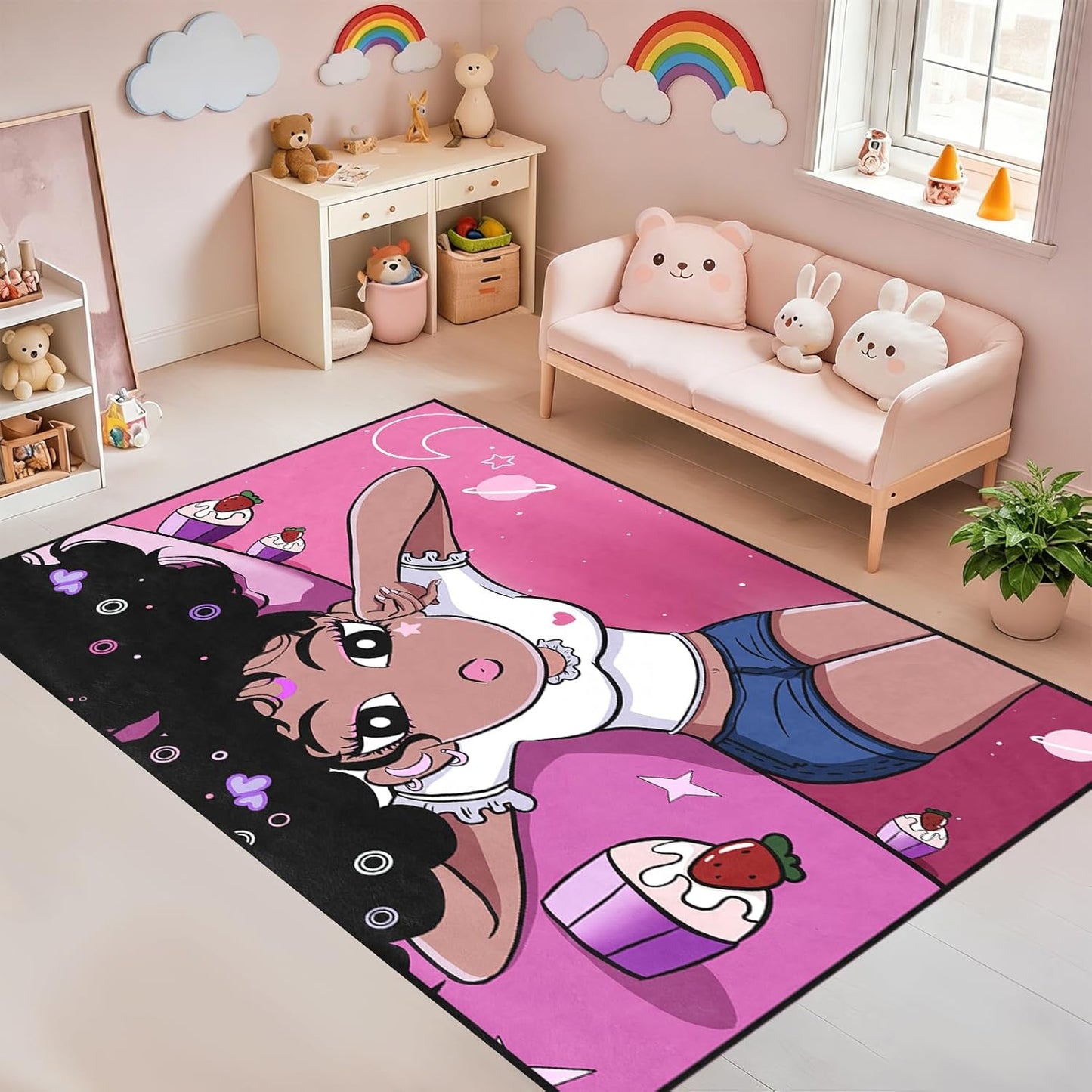 Black Girl Area Rug for Bedroom African Black Girls Floor Rugs for Living Room Playroom Cartoon Art Home Decor Soft Yoga Mats for Women Afro Purple 47" x 31" (2.7 x 3 Feet)