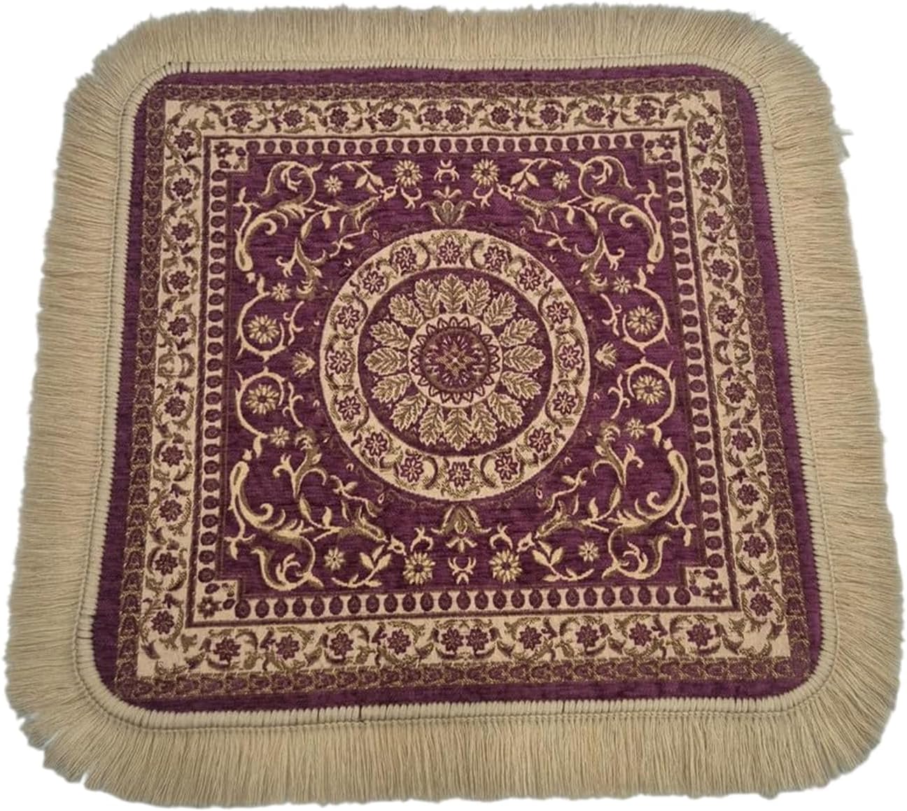 Soft Chenille Prayer Mat | Traditional Mandala Floral Pooja Aasan with Golden Fringes | Multipurpose Square Rug for Meditation, Yoga, Puja Room & Home (Red, 2x2 Feet)