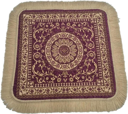 Soft Chenille Prayer Mat | Traditional Mandala Floral Pooja Aasan with Golden Fringes | Multipurpose Square Rug for Meditation, Yoga, Puja Room & Home (Red, 2x2 Feet)