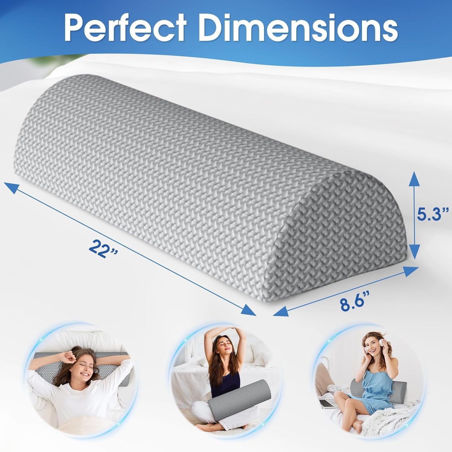 TranquilRelax Knee Pillow for Back Sleeping Memory Foam Half Moon Bolster Pillow for Legs, Under Knee Support, Ankle & Foot Comfort Orthopedic Pillow for Side Sleepers (Grey, 20.4" x 8" x 4.9")