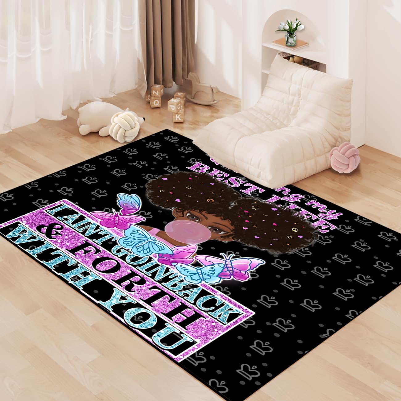 Black Girl Area Rug for Bedroom African Black Girls Floor Rugs for Living Room Playroom Cartoon Art Home Decor Soft Yoga Mats for Women Afro Purple 47" x 31" (2.7 x 3 Feet)