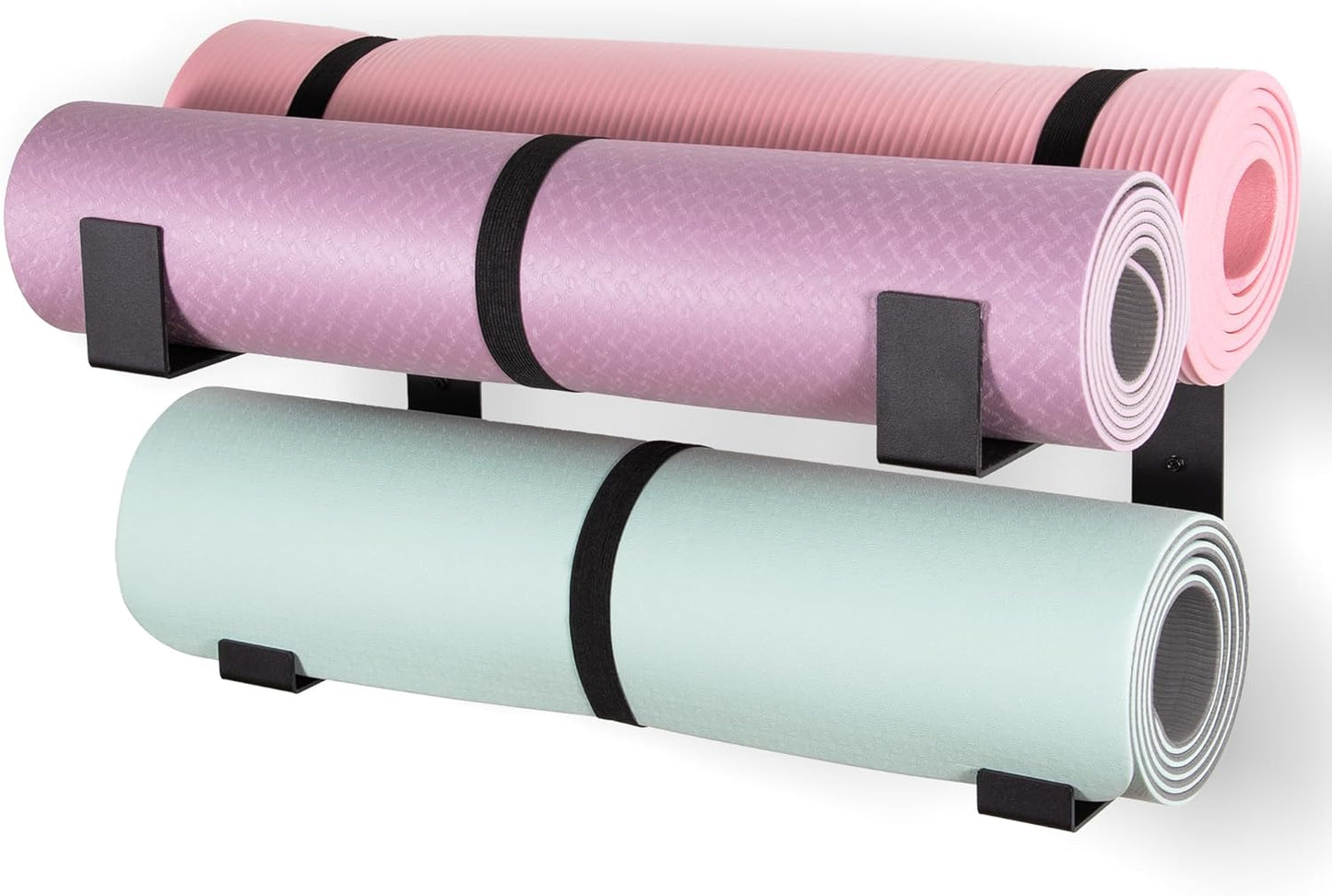 Yoga Mat Holder with Protective Padding Wall Mount Steel Storage Rack, 2 Tier Adjustable Width Hanger for up to 4 Foam Rollers, Easy Installation