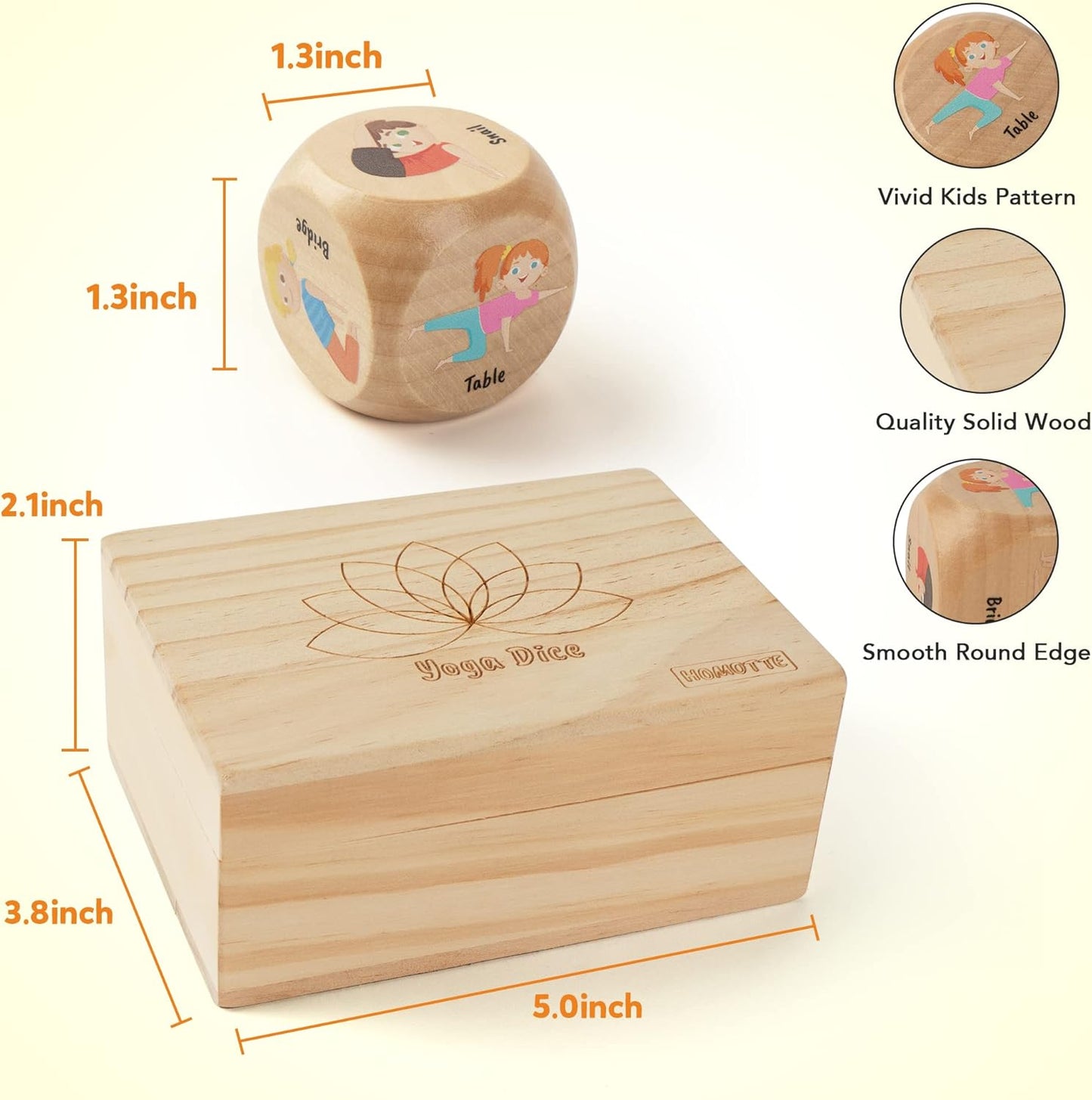 Homotte Wooden Yoga Dice Set for Kids, Fun Workout Game with 6 Exercise Dice, 12 Yoga Cards & A Box, Mindfulness Yoga Set for Girls & Beginners