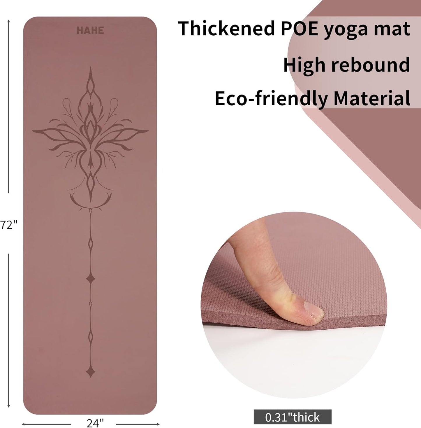 HAHE Yoga Mat Thick (8MM,1/3"), Eco-Friendly POE Non Slip Yoga Mat, High Rebound & Shock Absorption, Anti-Tear & Sweat-Resistant for Yoga, Fitness, Home, Workouts, Large Pilates Mats 72"x24" with Carrying Strap (Dark Pink)