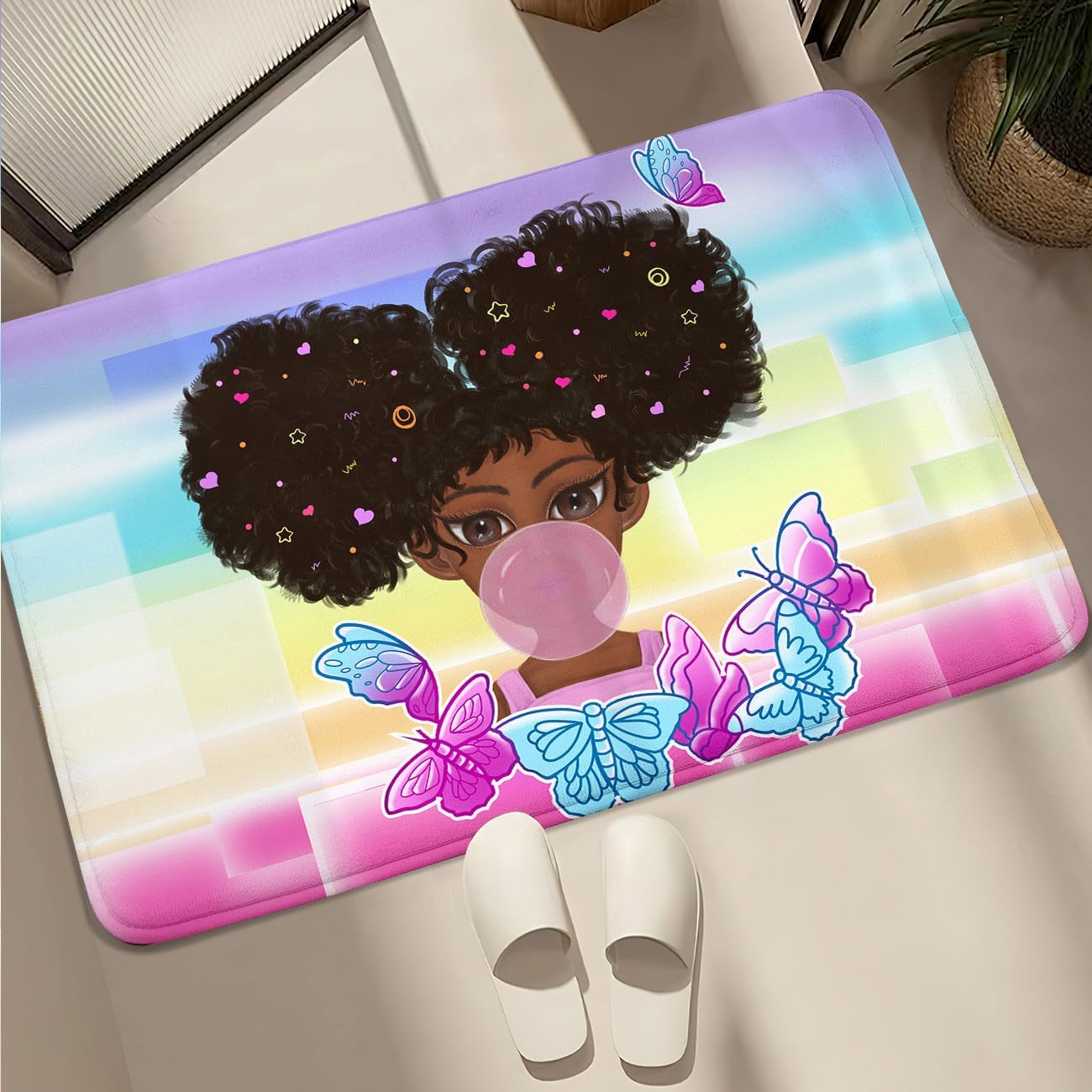 Black Girl Area Rug for Bedroom African Black Girls Floor Rugs for Living Room Playroom Cartoon Art Home Decor Soft Yoga Mats for Women Afro Purple 47" x 31" (2.7 x 3 Feet)