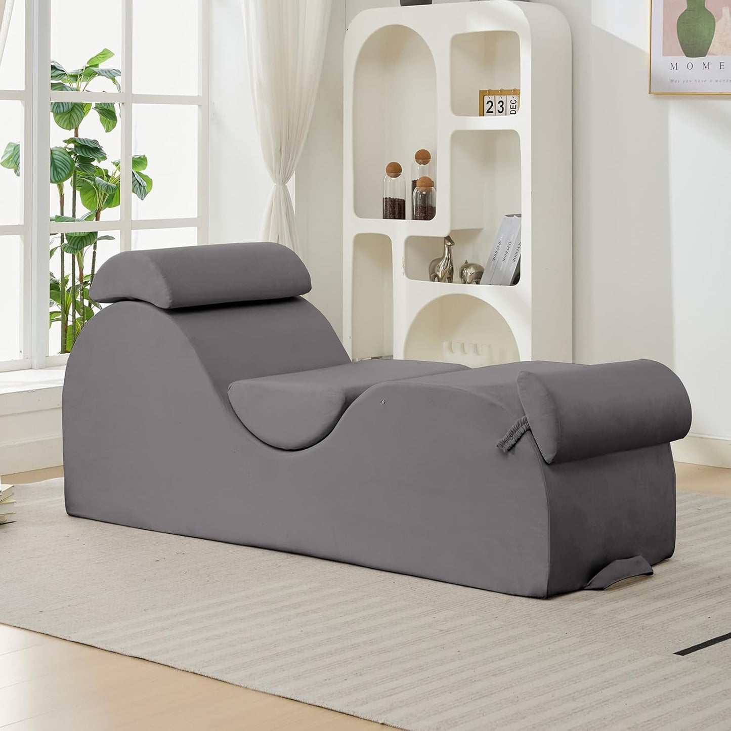 ijuicy 25 Inch Home Stretch Yoga Chair, Velvet Fitness Yoga Chaise Lounge Chair Indoor, Yoga Training Reliner with Adjustable Footrest & Headrest, Light Grey