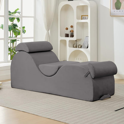 ijuicy 25 Inch Home Stretch Yoga Chair, Velvet Fitness Yoga Chaise Lounge Chair Indoor, Yoga Training Reliner with Adjustable Footrest & Headrest, Light Grey