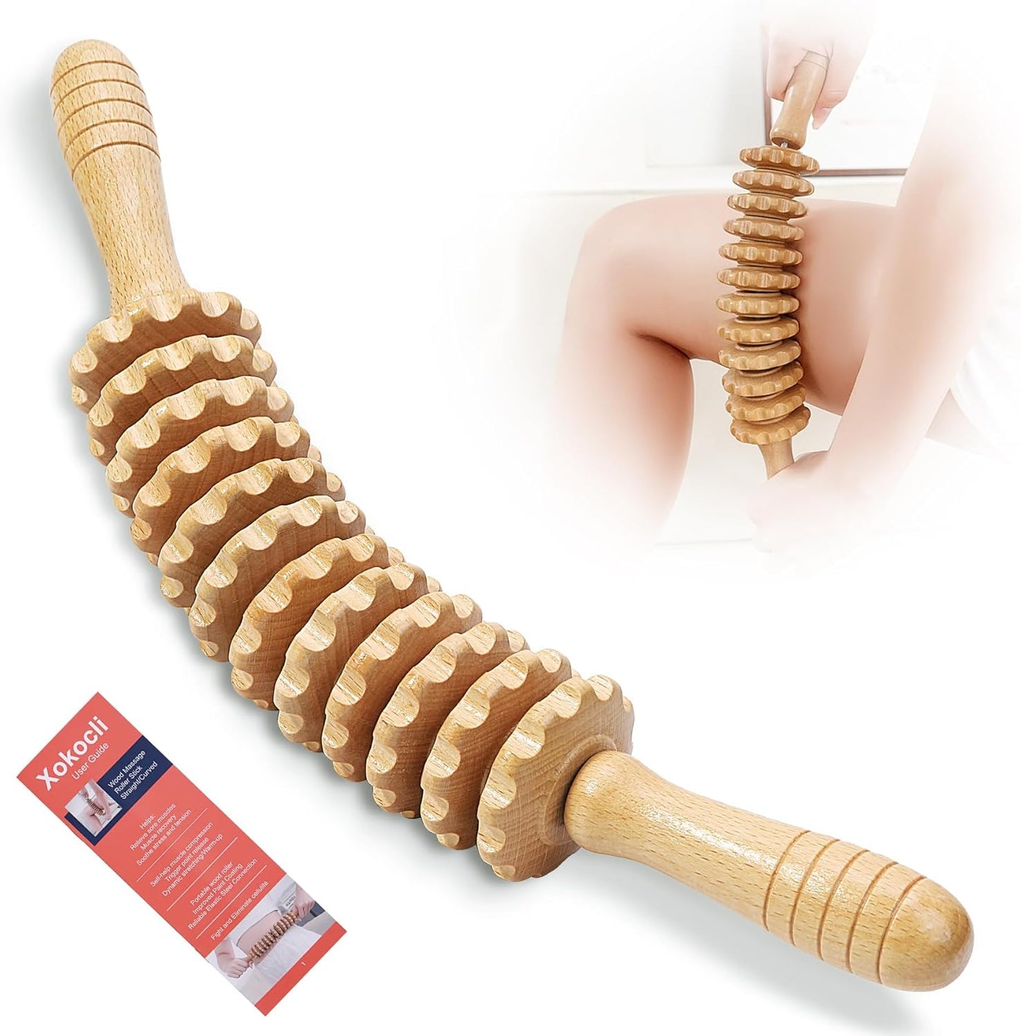 Xokocli Cellulite Massage Tool Wood Therapy Massage Tools Body Roller Cellulite Roller Fascia Blaster Lymphatic Drainage Massager for Legs Thighs Muscle Relief Recovery(White 12-Wheel)